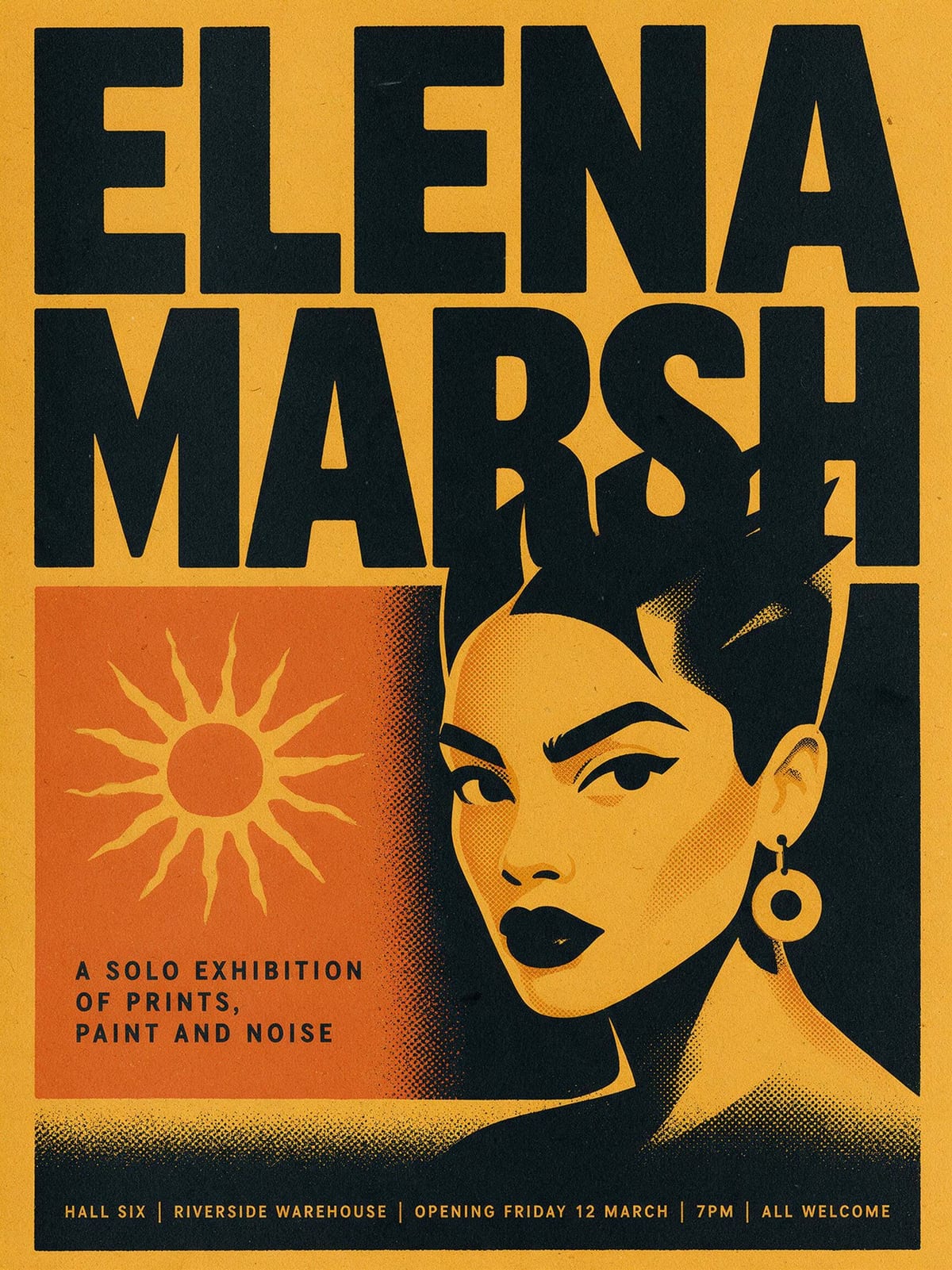 AI-generated exhibition poster: a halftone illustrated portrait in ochre and black under a huge condensed headline