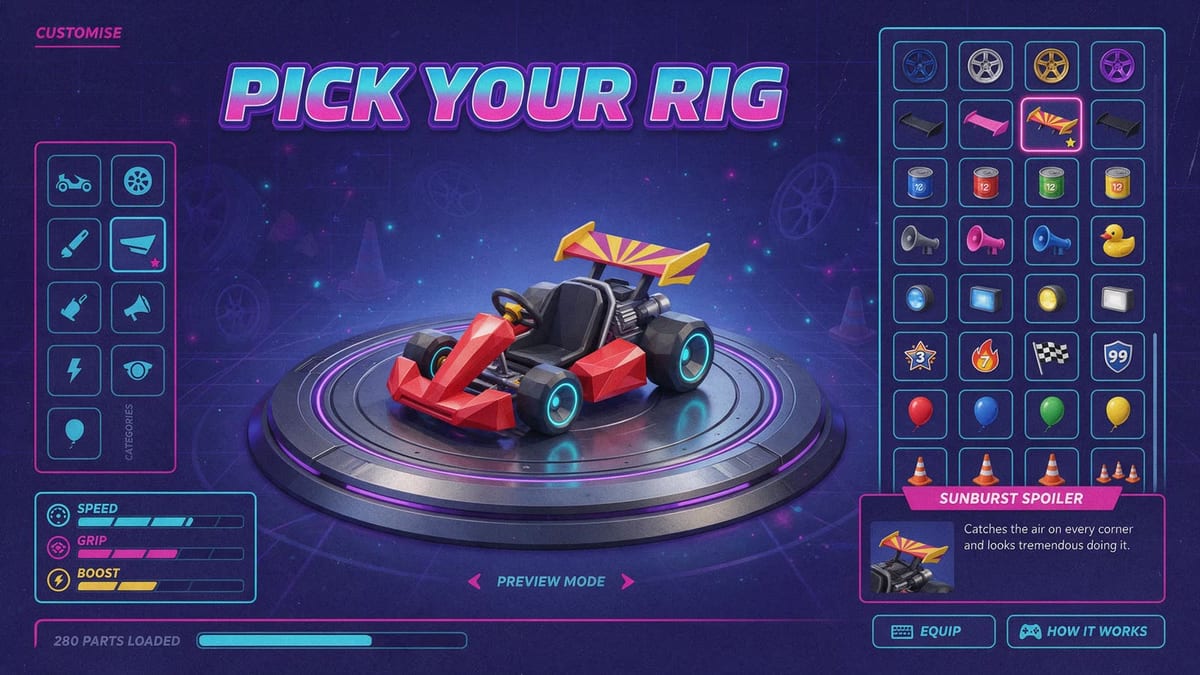AI-generated game interface: a low-poly go-kart on a turntable in a neon customiser screen with part thumbnails