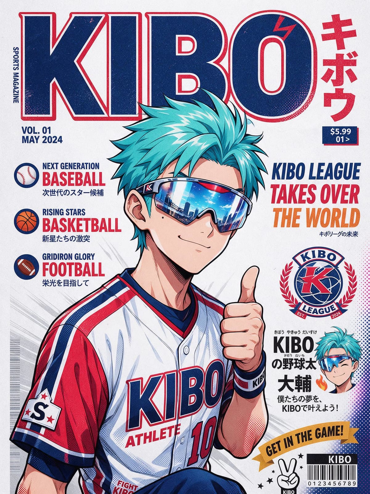 AI-generated manga magazine cover: a cel-shaded athlete with turquoise hair and a bold navy and crimson masthead
