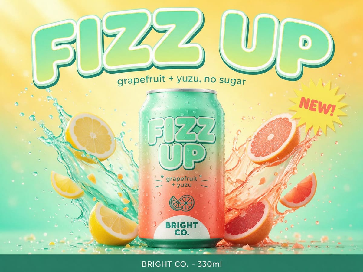 AI-generated drink advertisement: a mint and coral can amid splashing liquid and flying citrus slices