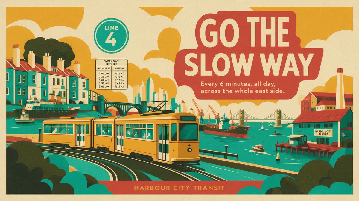 AI-generated transit poster: a flat-vector tram curving through stylised harbour rooftops in mustard and teal