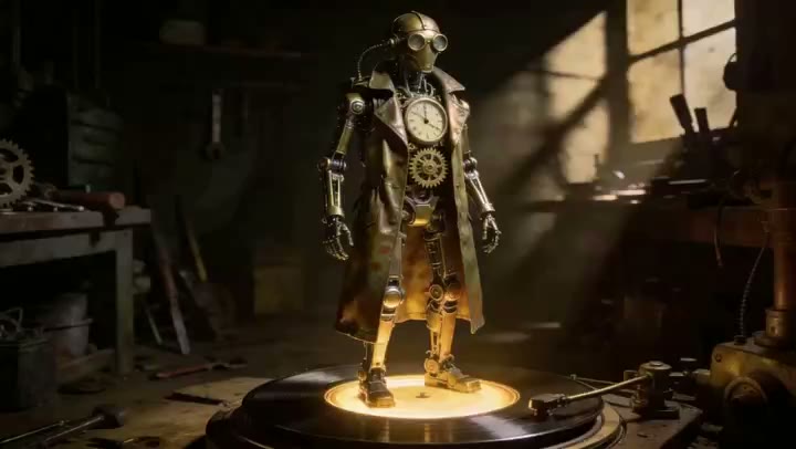 AI-generated video still: a brass clockwork automaton in a long coat on a lit turntable in a dim workshop