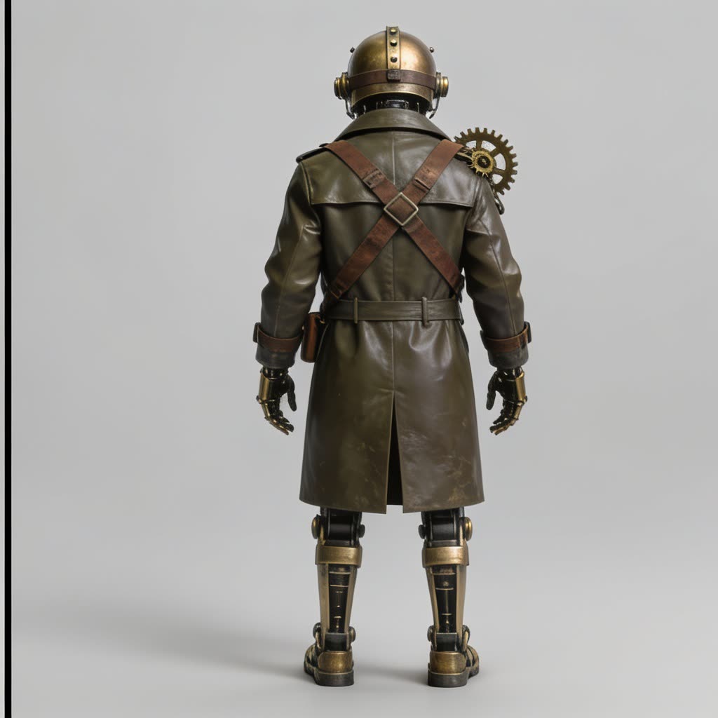 AI-generated back view of the same brass clockwork automaton standing on a grey backdrop