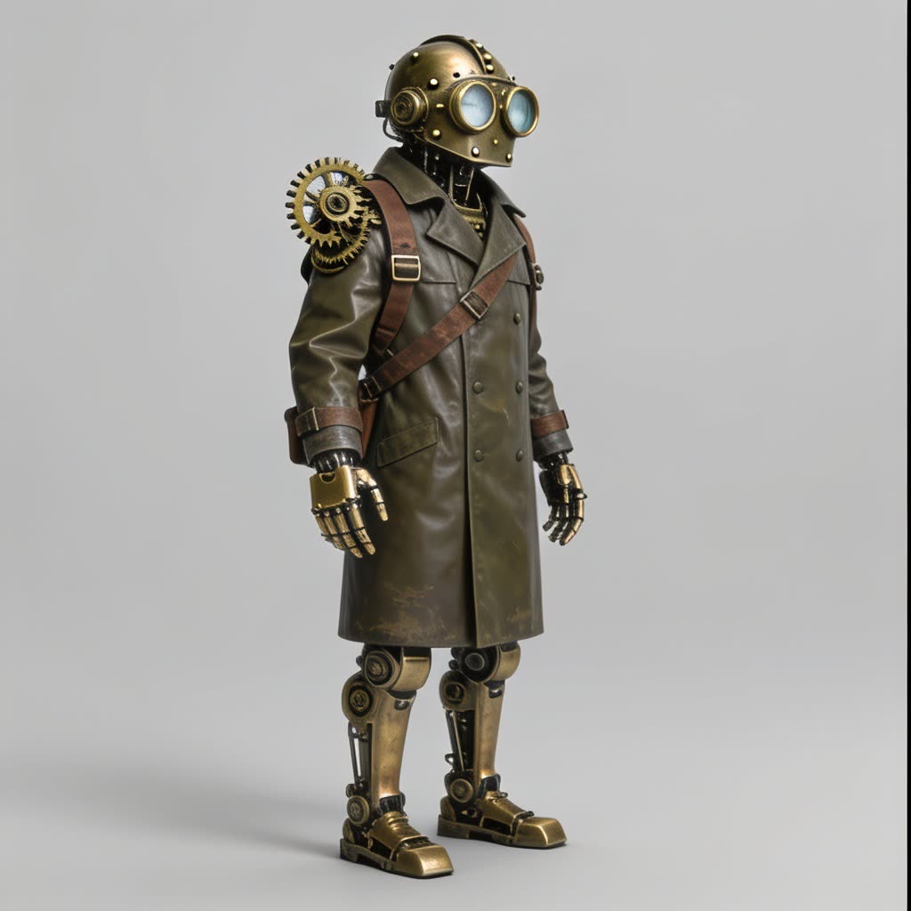 AI-generated three-quarter view of the same brass clockwork automaton in matching coat and lighting