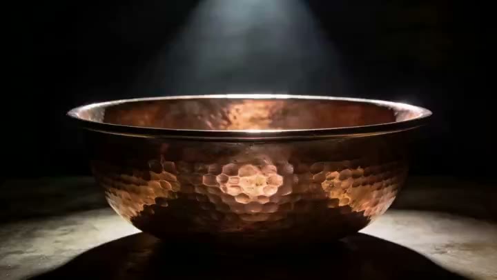 AI-generated video still: a still copper basin catching a single shaft of light from above