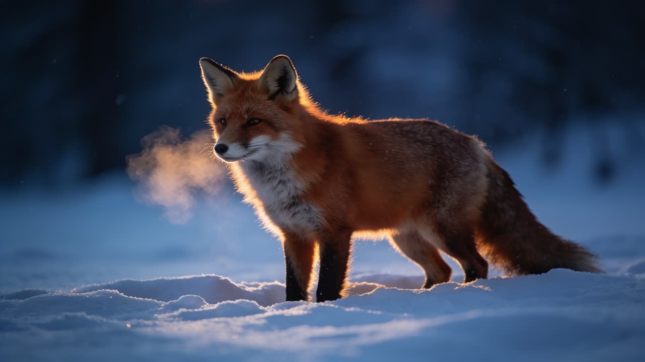 AI-generated image of a red fox alert in deep snow at blue hour with backlit fur and a shallow-focus background