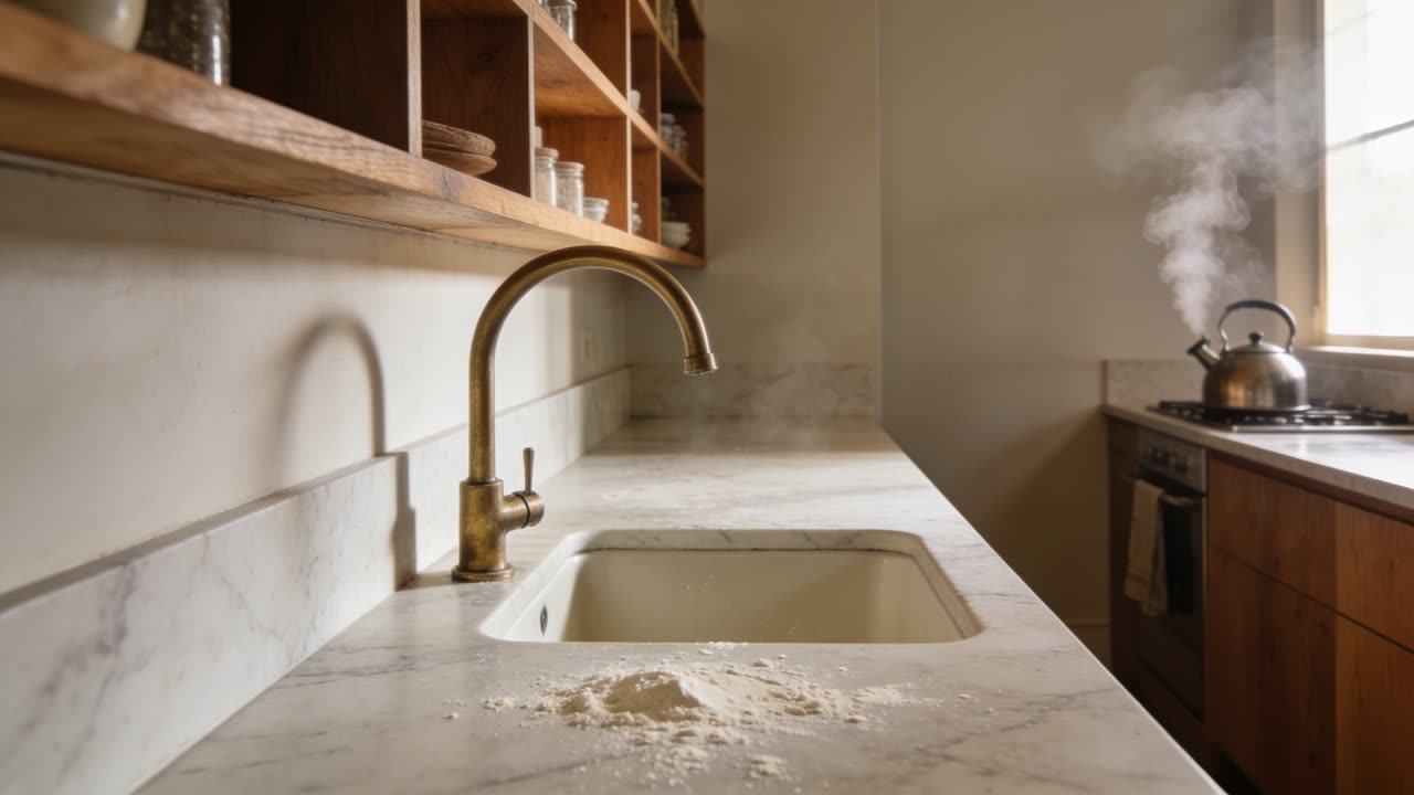 AI-generated image of a narrow galley kitchen in morning light with a brass tap, marble worktop and steam from a kettle