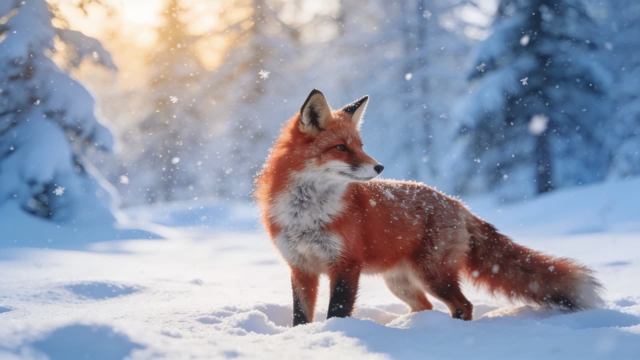 AI-generated image of a red fox in bright falling snow, a generic sunlit wildlife scene