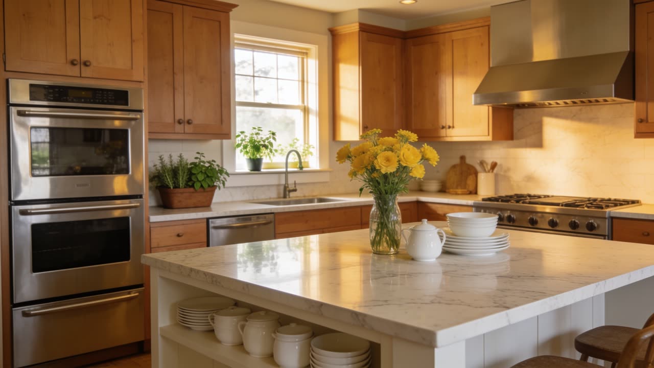 AI-generated image of a warm suburban kitchen with oak cabinets, a marble island and cut flowers