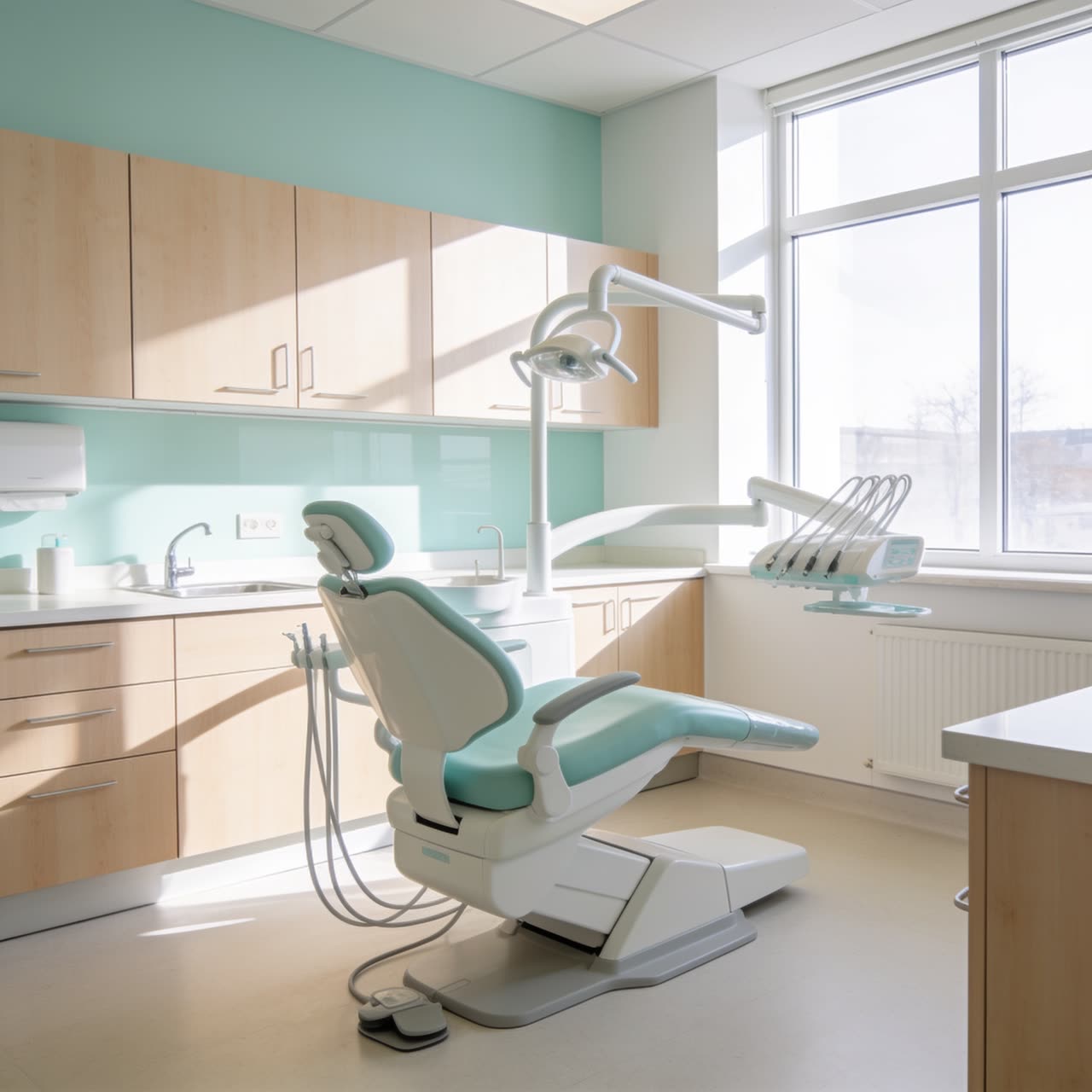 AI-generated image of a bright empty dental treatment room in pale wood with soft mint accents