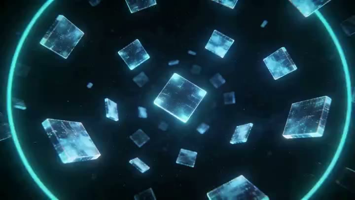 AI-generated video still: glowing square panels drifting through dark space and settling into a calendar grid
