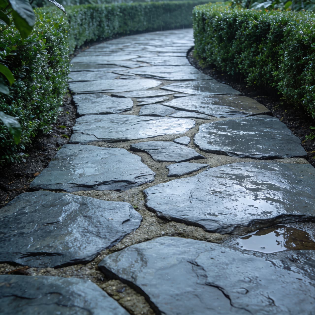 AI-generated image of a freshly laid stone garden path curving between clipped hedges after rain