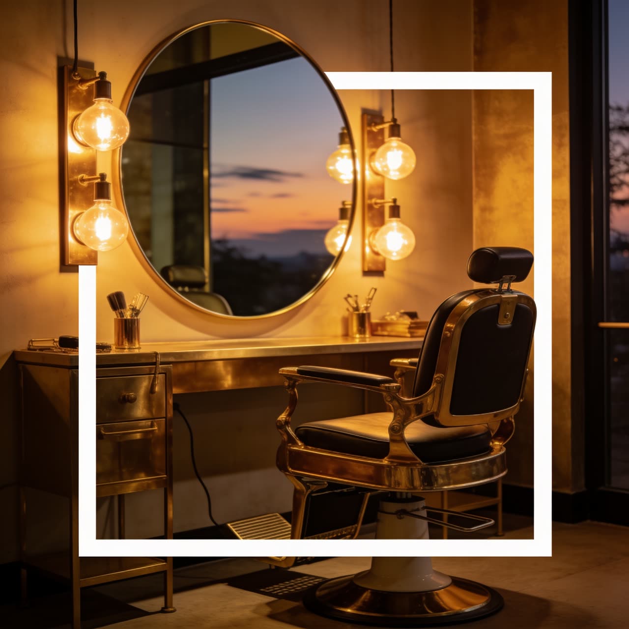AI-generated image of a salon styling station at dusk with brass fittings and a round mirror