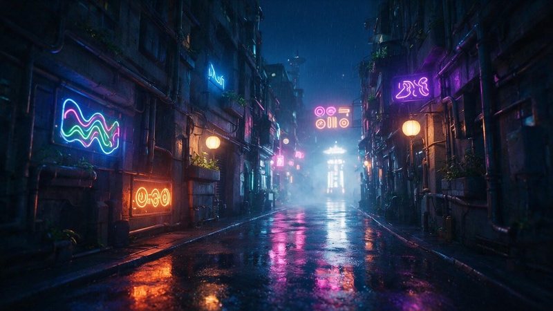 AI-generated image from the prompt “a neon rain-soaked alley”