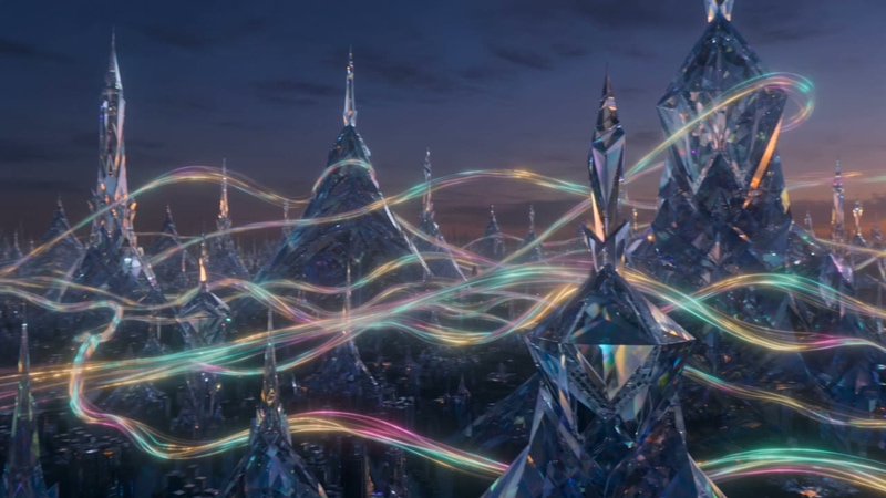 AI-generated video still from the prompt “a crystal city at dusk, light trails weaving between translucent towers”