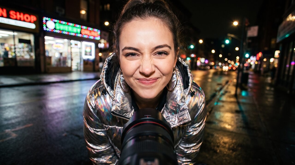 AI-generated image from the prompt “Fisheye portrait of a young woman in a chrome puffer jacket”