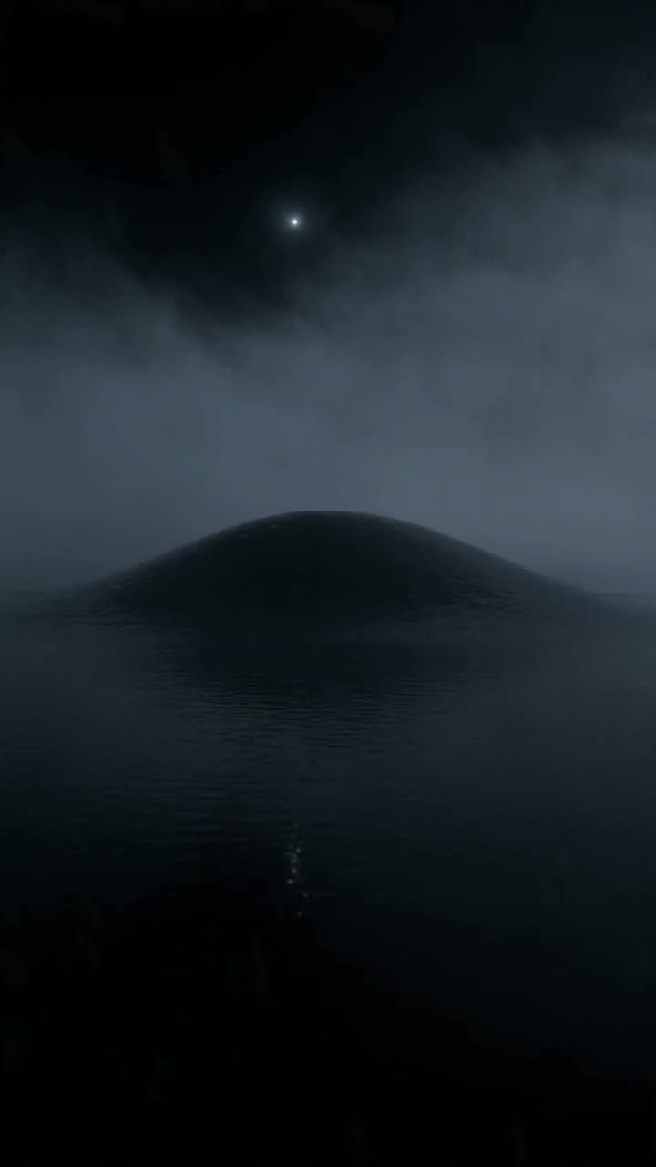 AI-generated video still: a black lake at midnight under fog with ripples spreading from a bulge in the surface