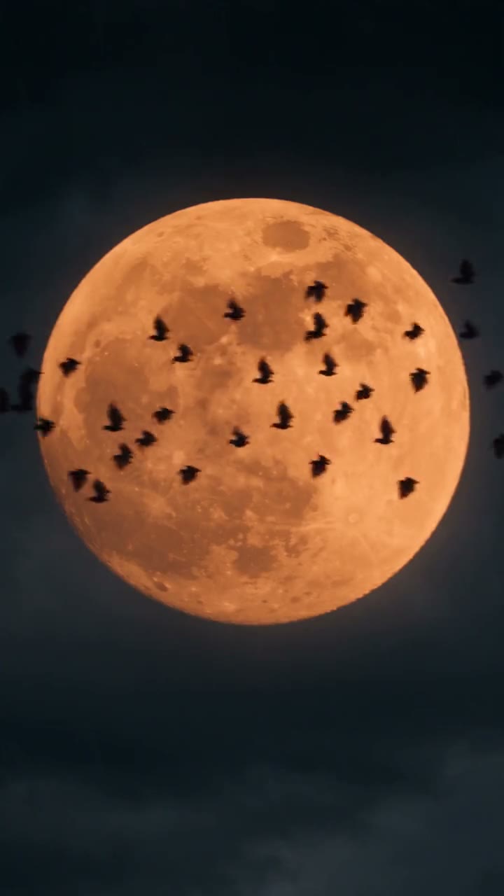 AI-generated video still: a crooked Victorian mansion on a hill at dusk with lit windows and bats across an orange moon
