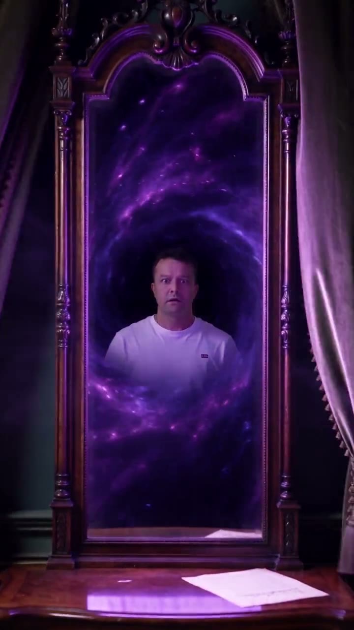 Haunted Portal AI video effect — the mirror tears open into a violet vortex