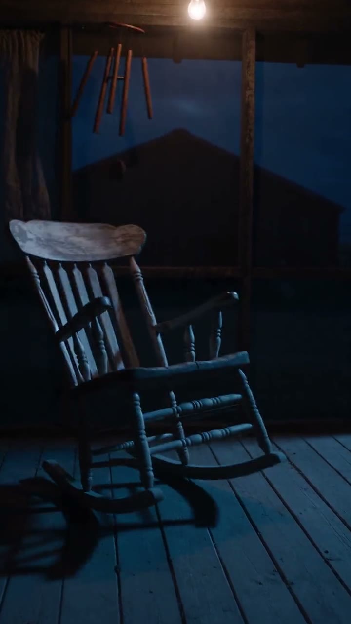 AI-generated video still: an empty wooden rocking chair on a dark porch at night beside a window with a stirring curtain