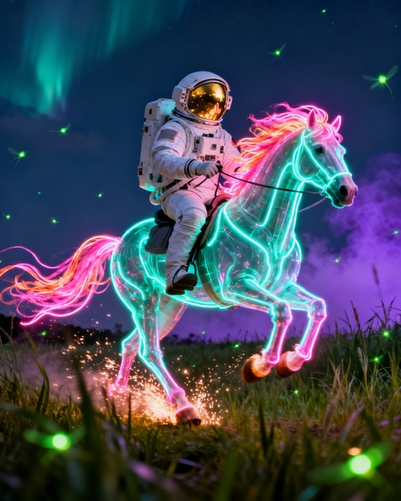 AI-generated image: an astronaut galloping on a neon horse through a firefly meadow