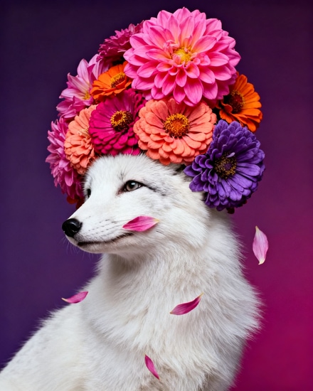 AI-generated image: an arctic fox wearing a crown of dahlias, editorial beauty shot
