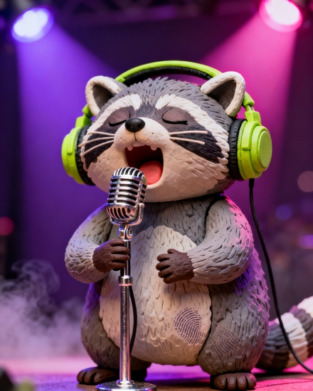 AI-generated image: a claymation raccoon singing into a vintage microphone
