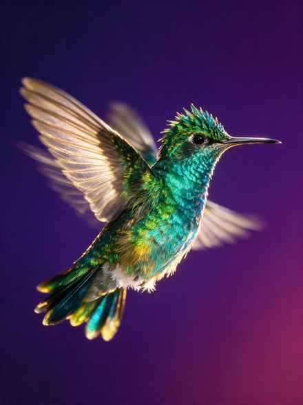 AI-generated image: an iridescent hummingbird, macro shot