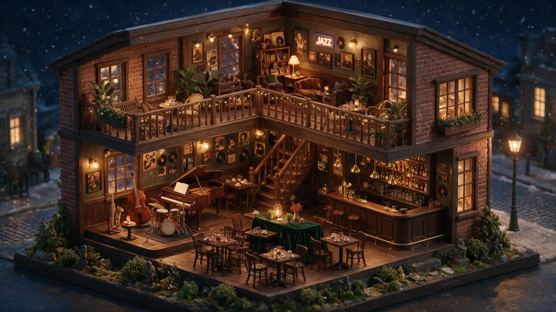 AI-generated image from the prompt “isometric cutaway of a cozy jazz café at night, miniature diorama style”