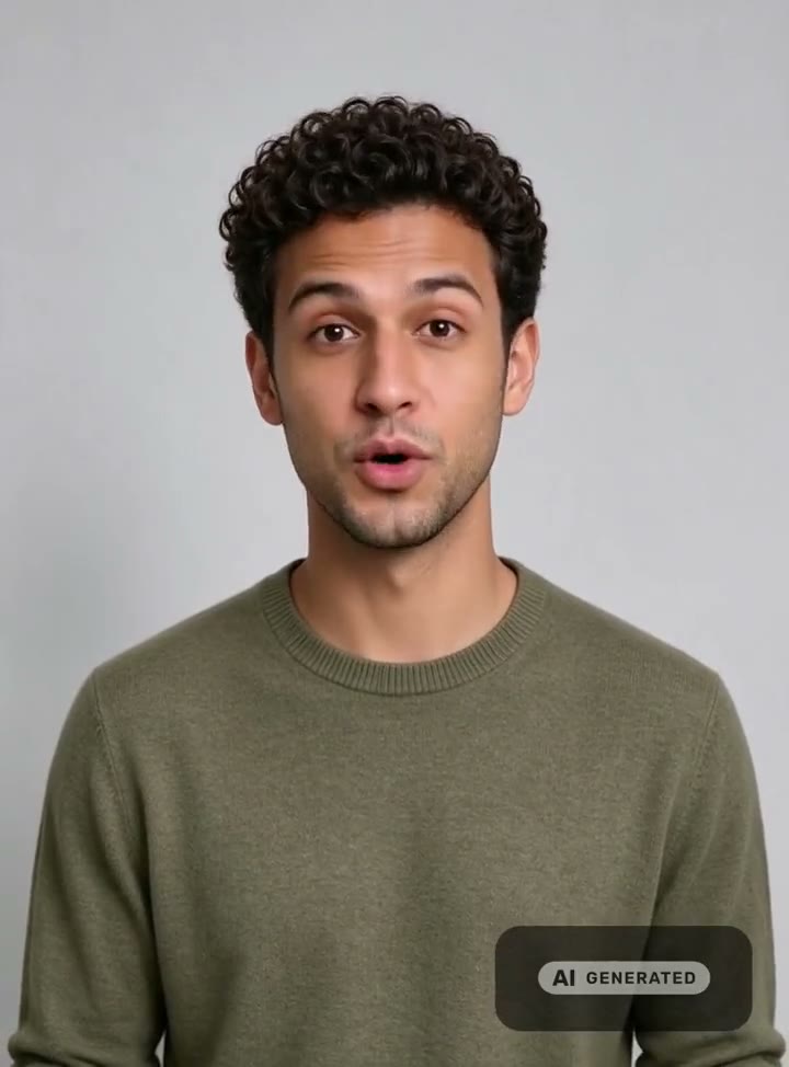 AI-generated presenter in an olive sweater speaking to camera against a plain grey backdrop
