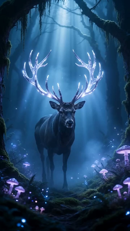 AI-generated video still: a glowing stag in a bioluminescent forest