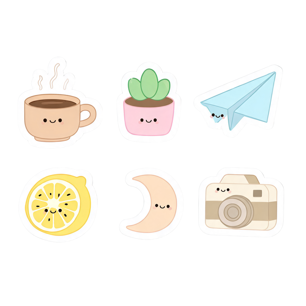 AI-generated kawaii sticker sheet: coffee cup, succulent, paper plane, lemon, moon and camera, with the background removed to transparency