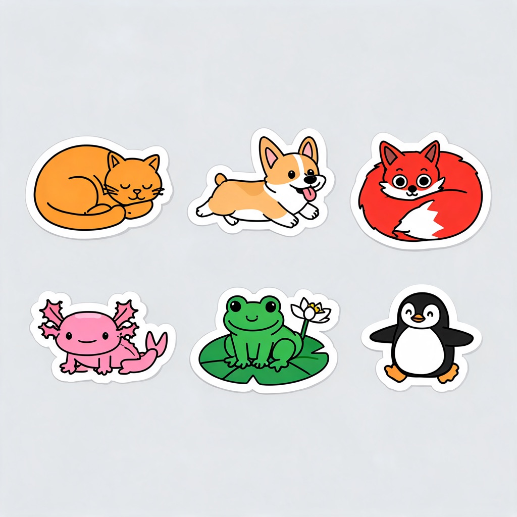 AI-generated sheet of six die-cut animal stickers with white borders on a plain light grey background