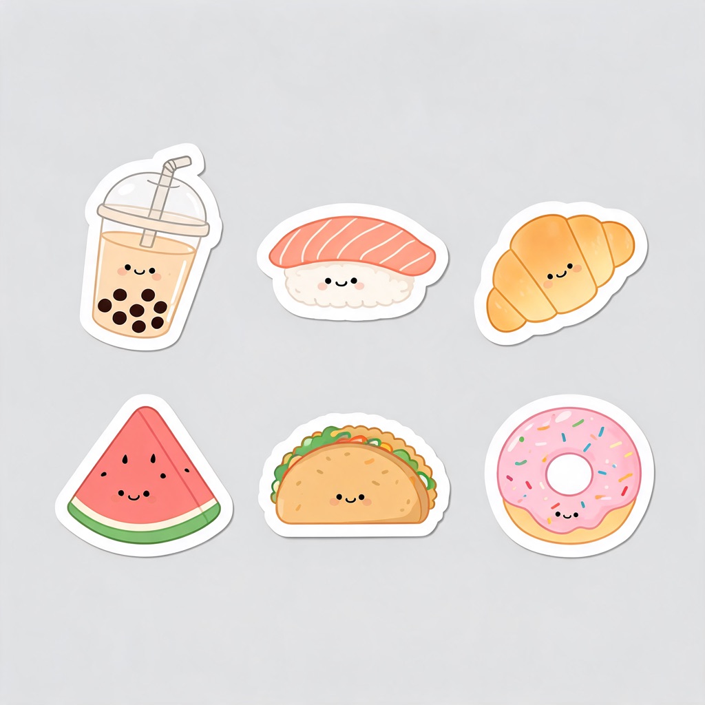 AI-generated sheet of six die-cut food stickers with white borders on a plain light grey background