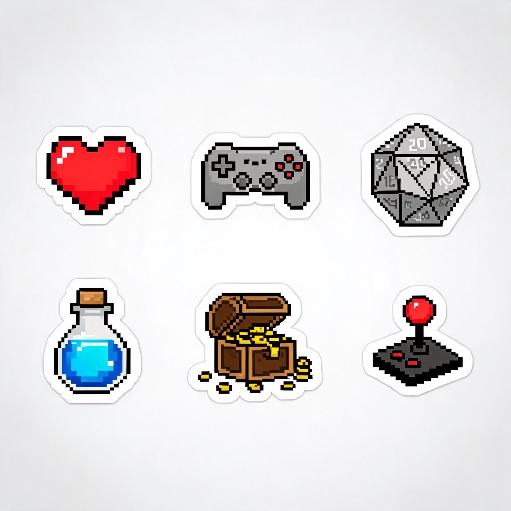 AI-generated sheet of six die-cut gaming stickers with white borders on a plain light grey background