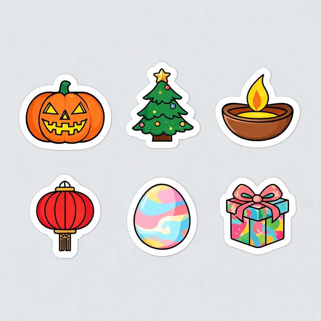 AI-generated sheet of six die-cut holiday stickers with white borders on a plain light grey background
