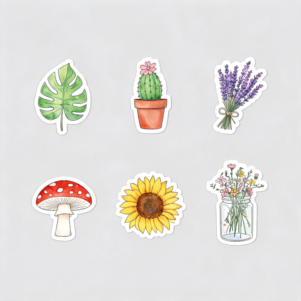 AI-generated sheet of six die-cut plant stickers with white borders on a plain light grey background