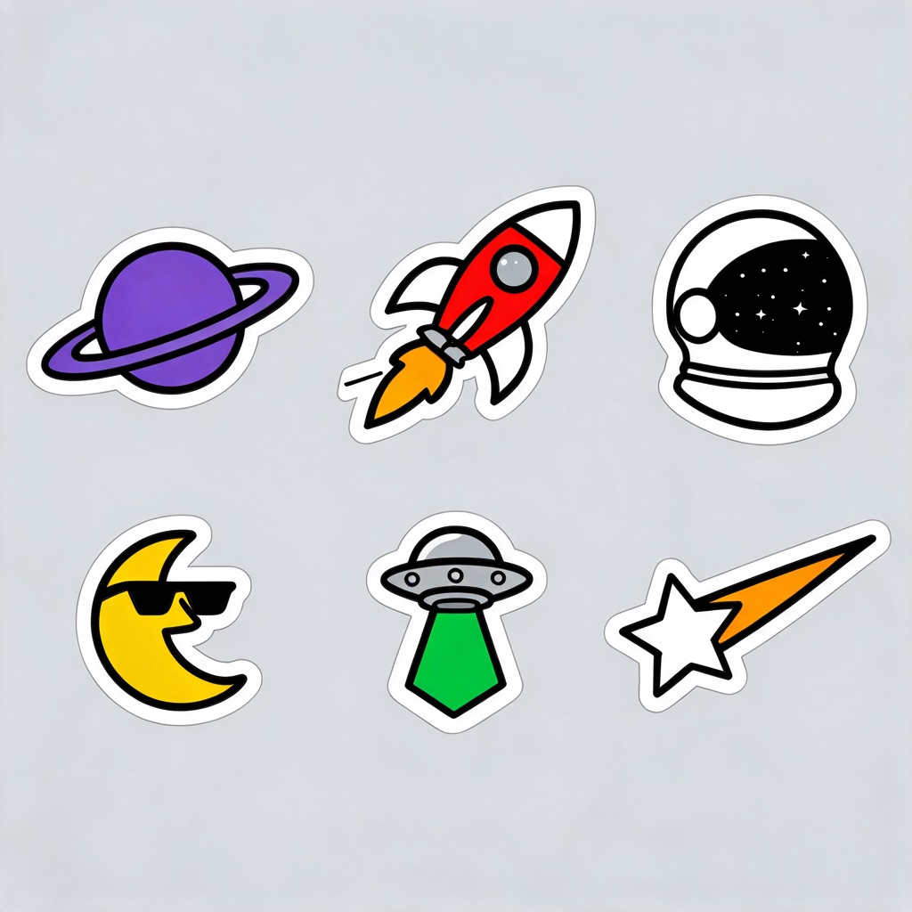AI-generated sheet of six die-cut space stickers with white borders on a plain light grey background