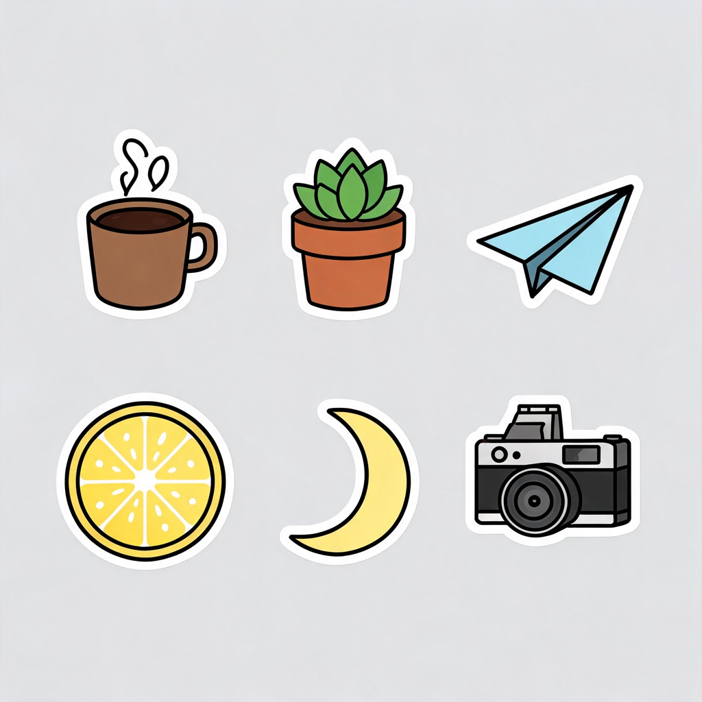 AI-generated bold cartoon sticker sheet: coffee cup, succulent, paper plane, lemon, moon and camera