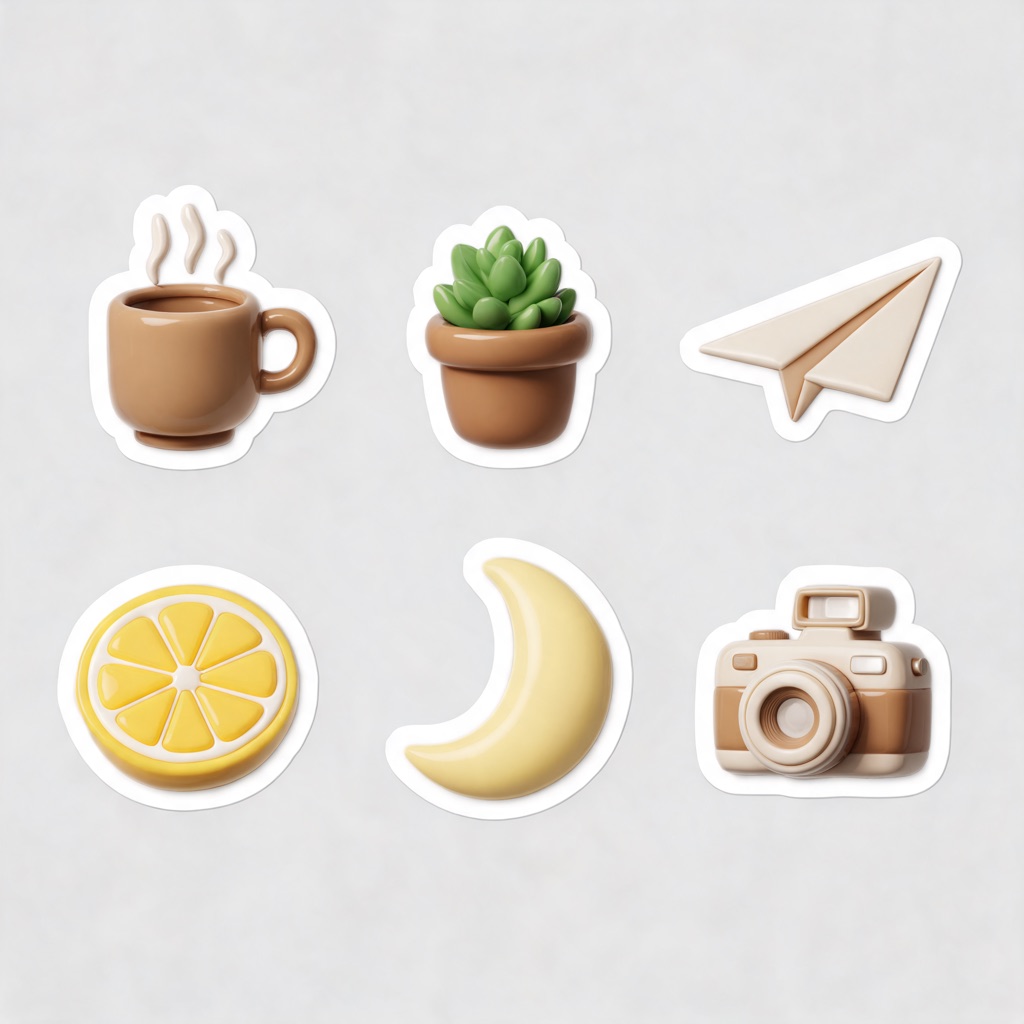AI-generated 3d clay sticker sheet: coffee cup, succulent, paper plane, lemon, moon and camera