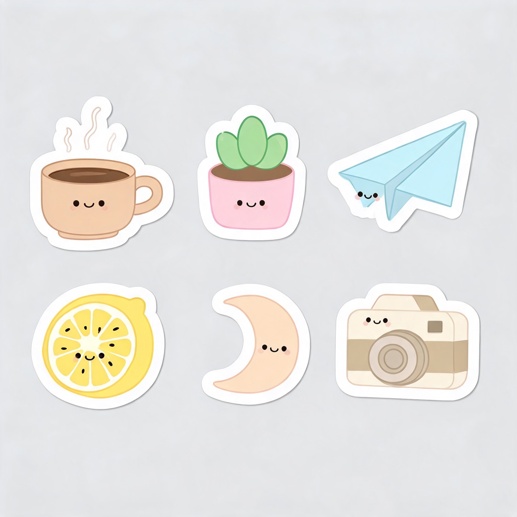 AI-generated kawaii sticker sheet: coffee cup, succulent, paper plane, lemon, moon and camera