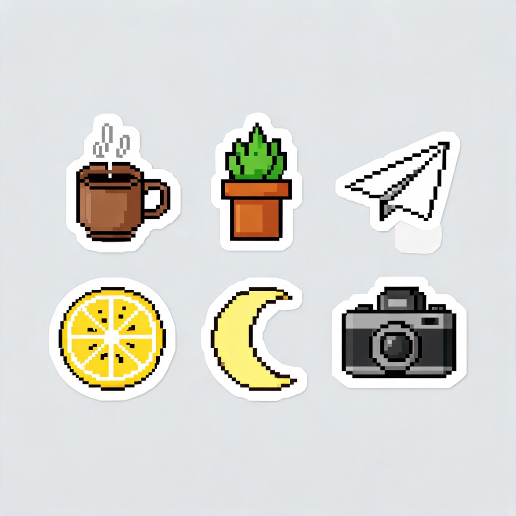 AI-generated pixel art sticker sheet: coffee cup, succulent, paper plane, lemon, moon and camera
