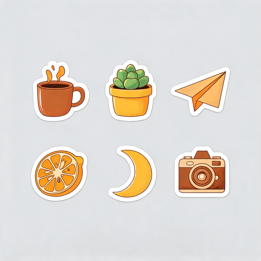 AI-generated retro 70s sticker sheet: coffee cup, succulent, paper plane, lemon, moon and camera