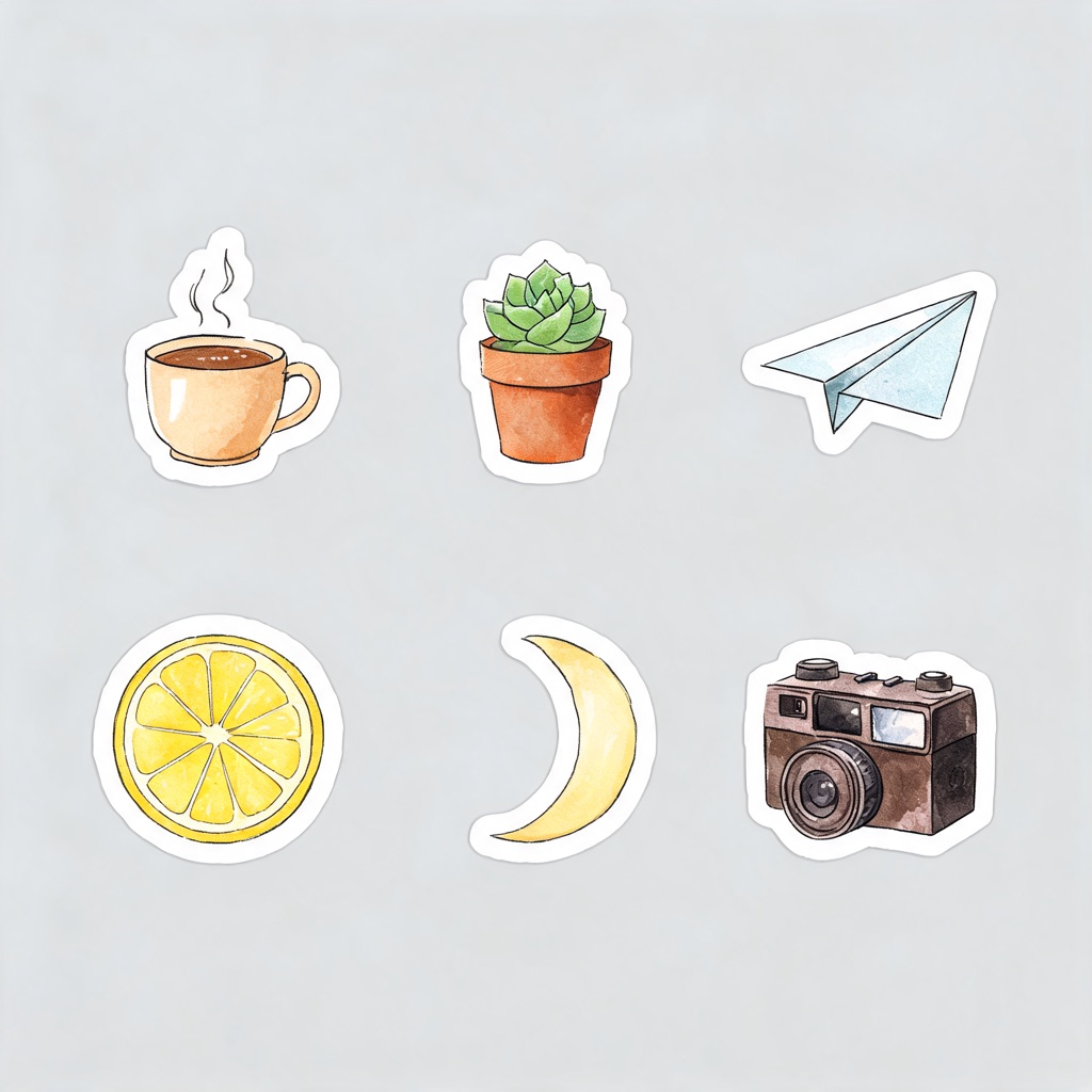 AI-generated watercolour sticker sheet: coffee cup, succulent, paper plane, lemon, moon and camera