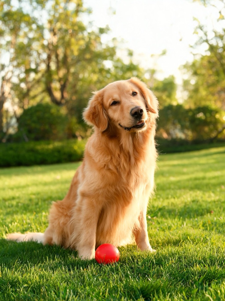 AI-generated source photo of a golden retriever sitting on a lawn beside a red ball