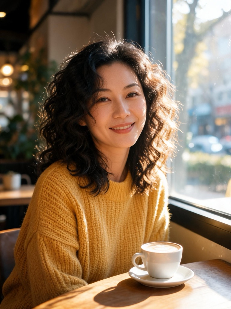 AI-generated source portrait of an adult woman with curly dark hair in a mustard sweater in a sunny café