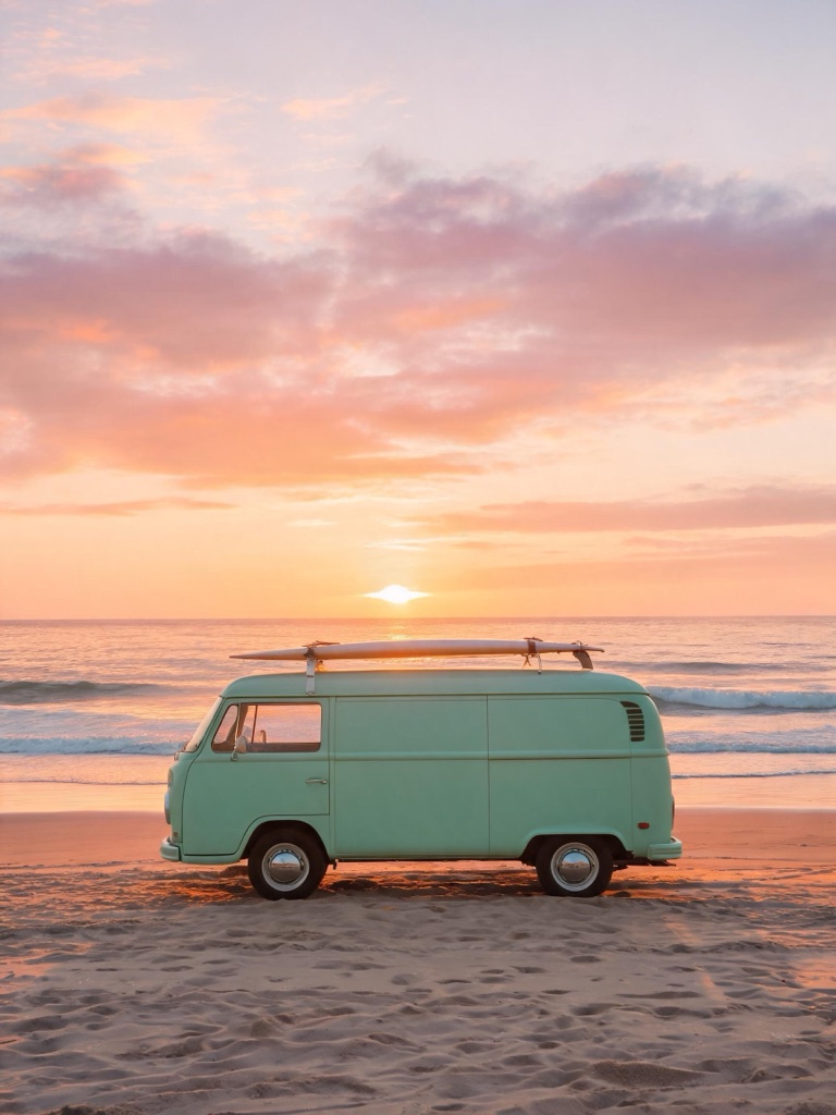 AI-generated source photo of a vintage mint-green camper van parked by a beach at sunset
