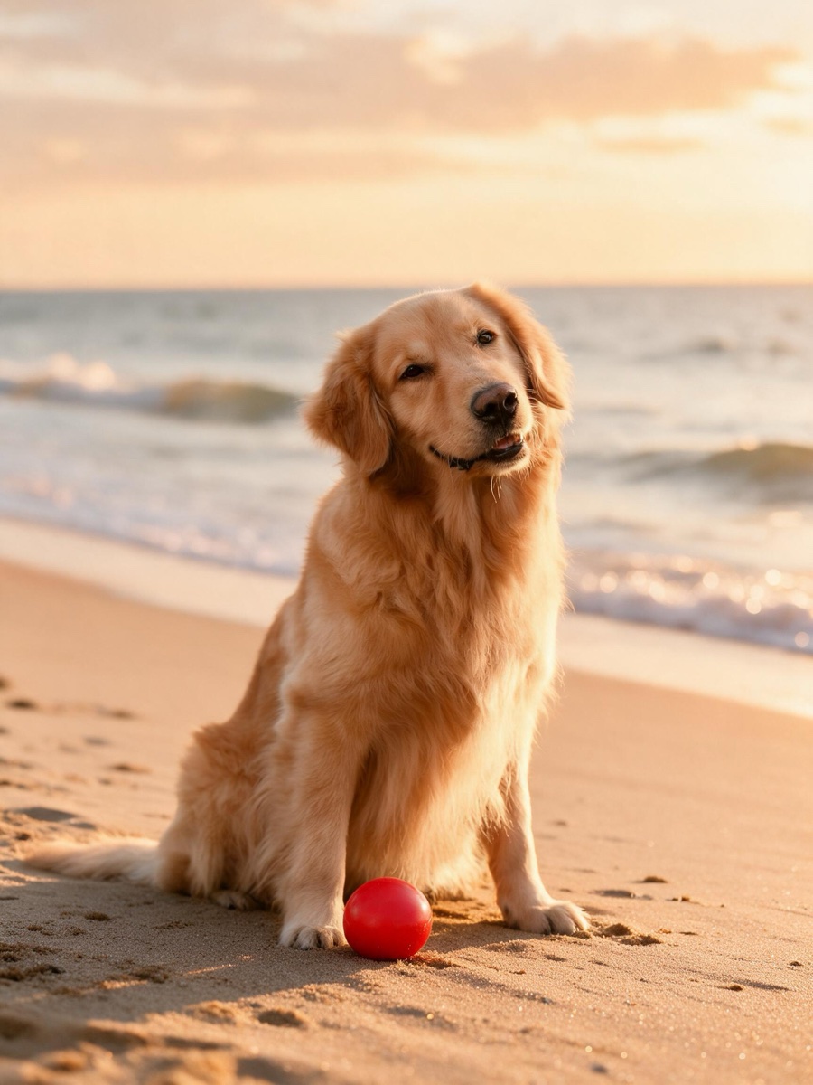 AI-edited golden retriever sitting on a sandy beach at golden hour
