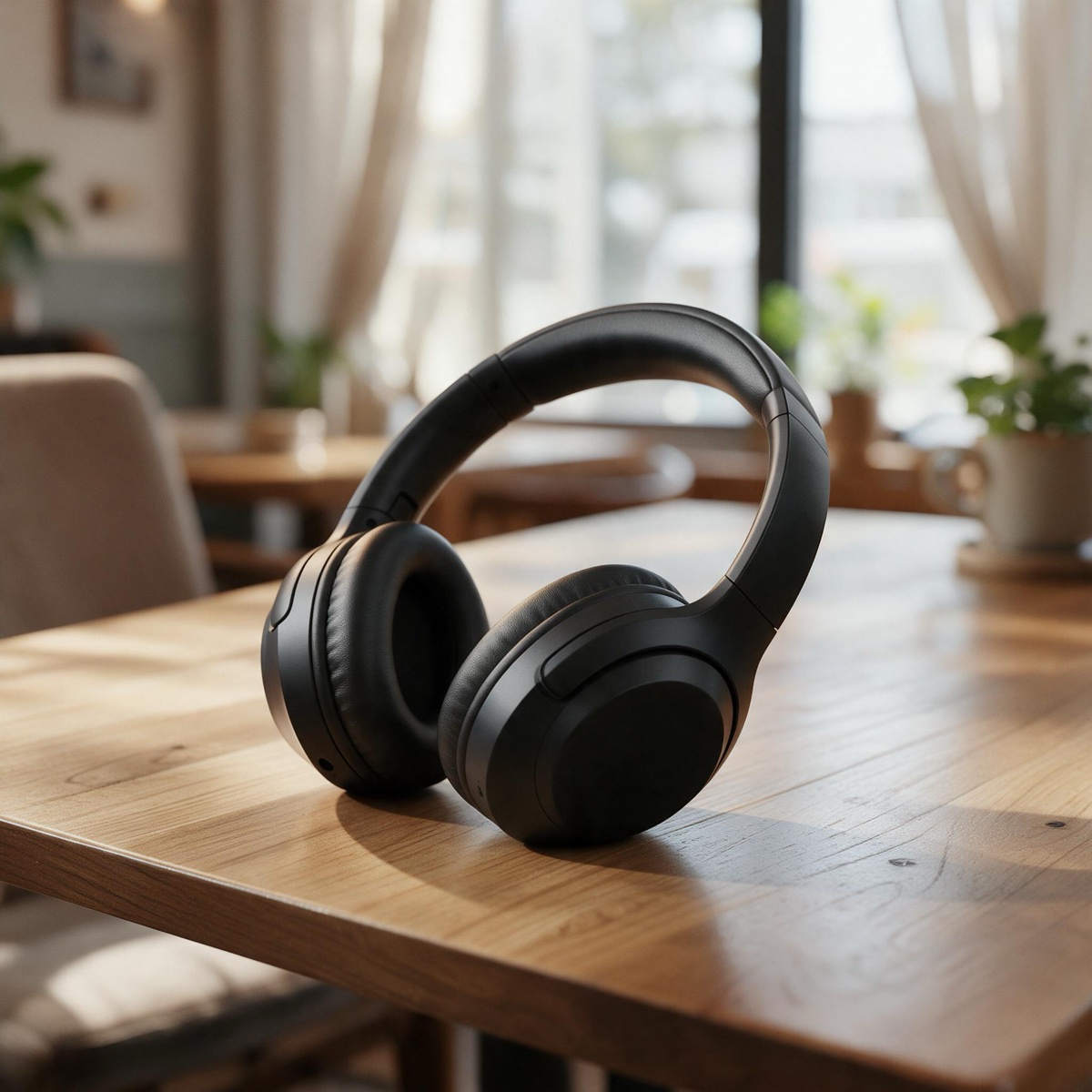 AI-edited black headphones on an oak café table in soft daylight