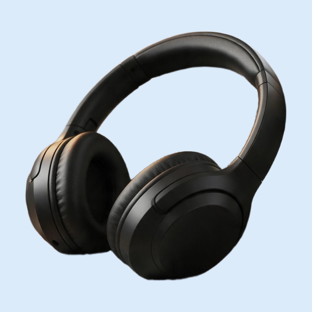 AI-edited black headphones centred on a pale sky-blue square background